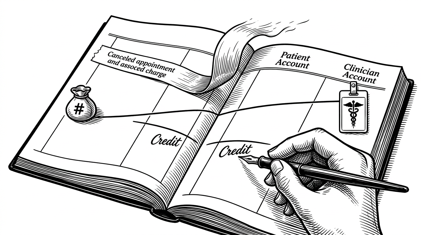 A close-up ledger page is shown mid-correction. One canceled appointment slips off the page while mirrored credit entries are written on both sides of a balancing line. A patient balance and a clinician badge sit opposite each other, explaining that cancellation in Medi_Meet is a synchronized transaction, not a simple undo action.