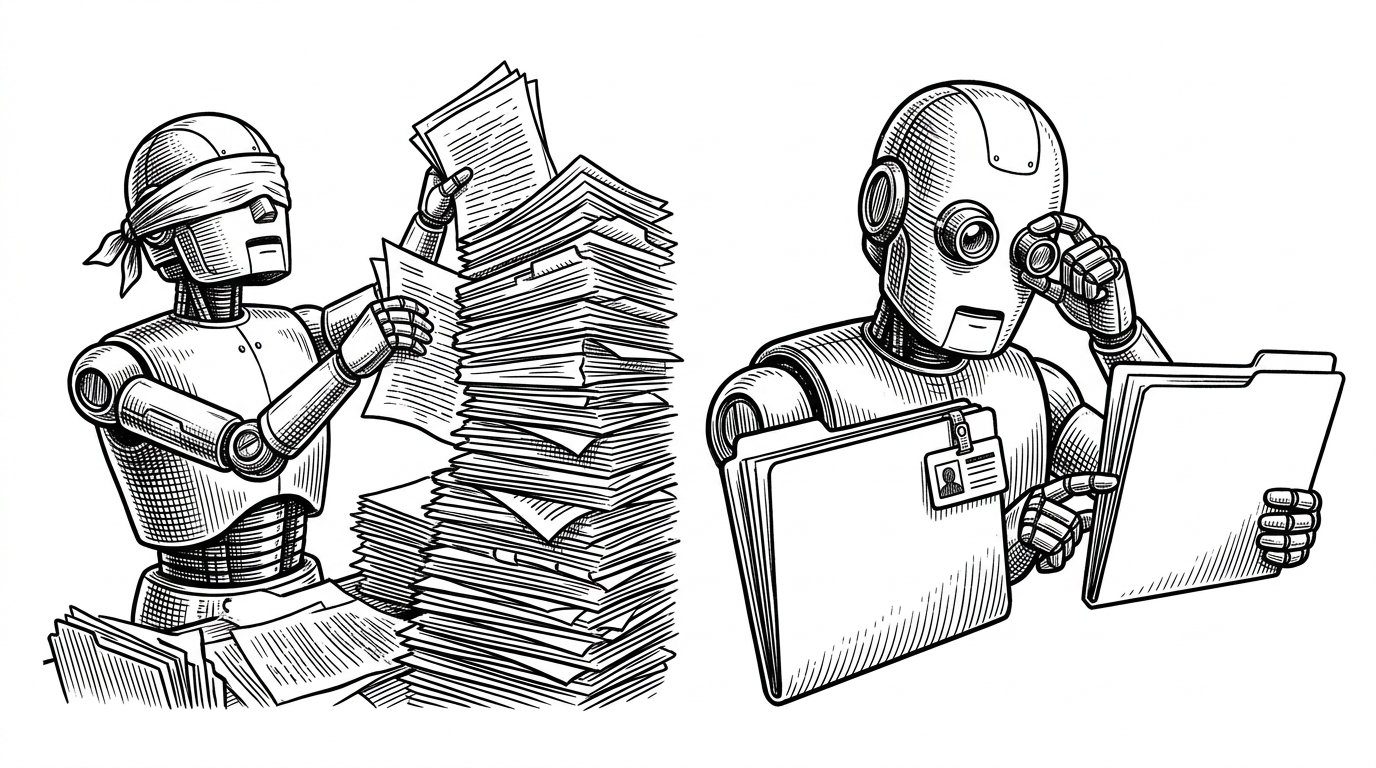 A split composition showing a blindfolded robot grabbing random papers on the left, and a robot with a jeweler's loupe inspecting a security badge on a folder on the right.