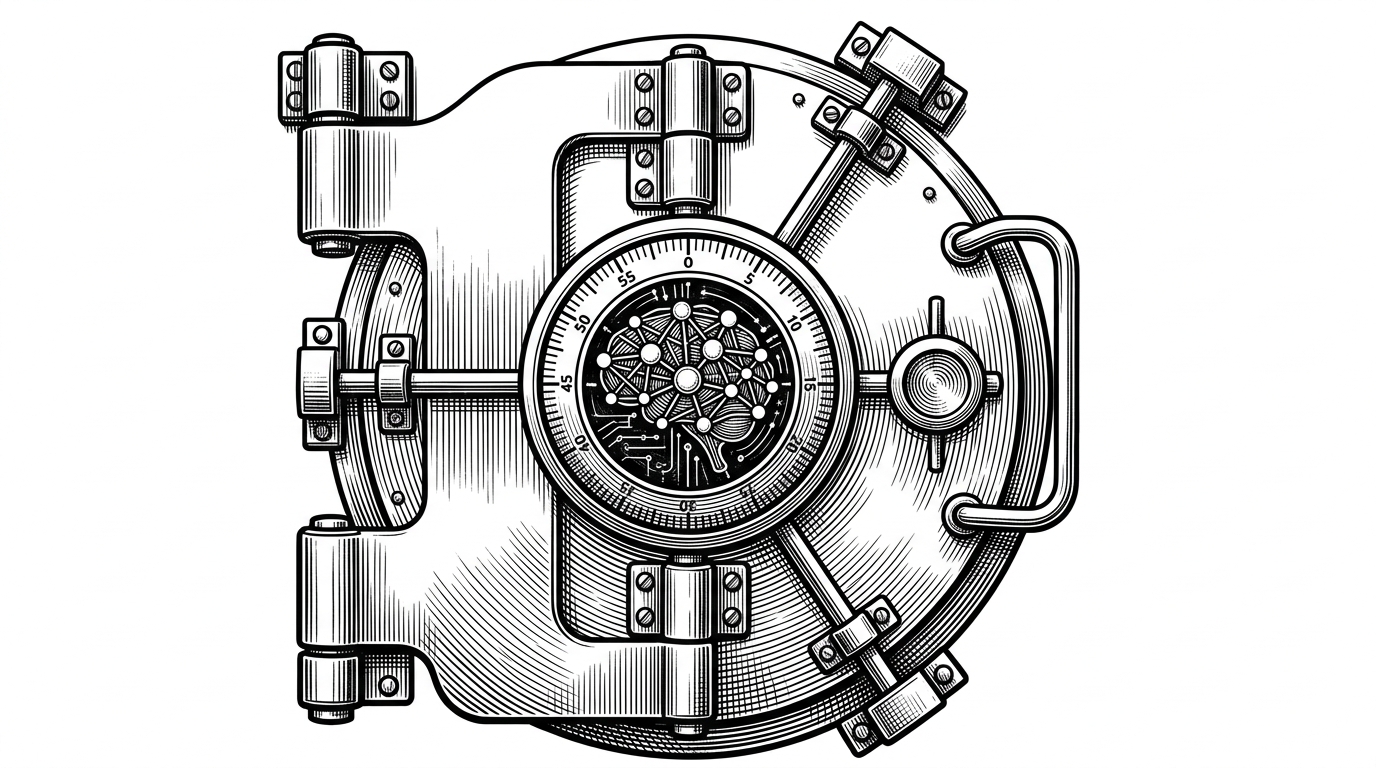 A massive bank vault door where the combination dial is a glowing neural network node, but the locking bars and hinges are heavy traditional iron hardware covered in physical padlocks.