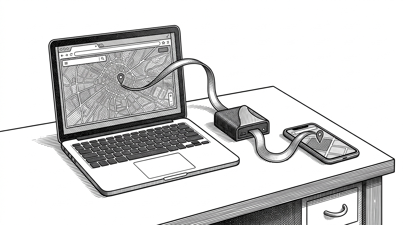 A wide desk scene shows a laptop with a map open, a phone beside it, and a thin network ribbon slipping from the browser into a proxy gateway before reappearing as a location change on the phone. The image explains how wloc turns a web tap into a system-level response without a backend.