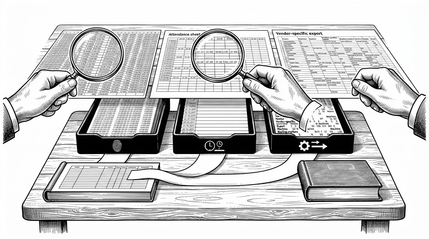 Three different attendance export fragments are sorted into separate trays by a magnifying lens and a set of hands. The visual explains how the import engine recognizes different workbook layouts before normalizing them into one internal format.