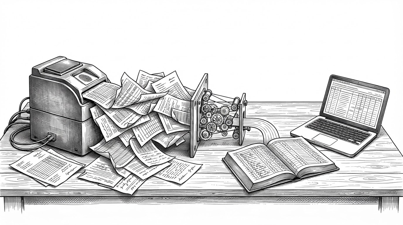 A fingerprint machine pushes out a messy stack of mismatched attendance sheets while a clean ledger and laptop receive the data on the other side. The scene explains the article’s core idea: the system stands between chaotic hardware exports and usable payroll records.