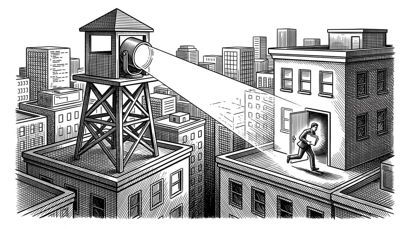 A wide rooftop watchtower looks out over a dense city of repository-like buildings and public code spaces. A beam from the tower tracks a person moving across rooftops, showing that the system follows developer behavior, not just a fixed asset list.