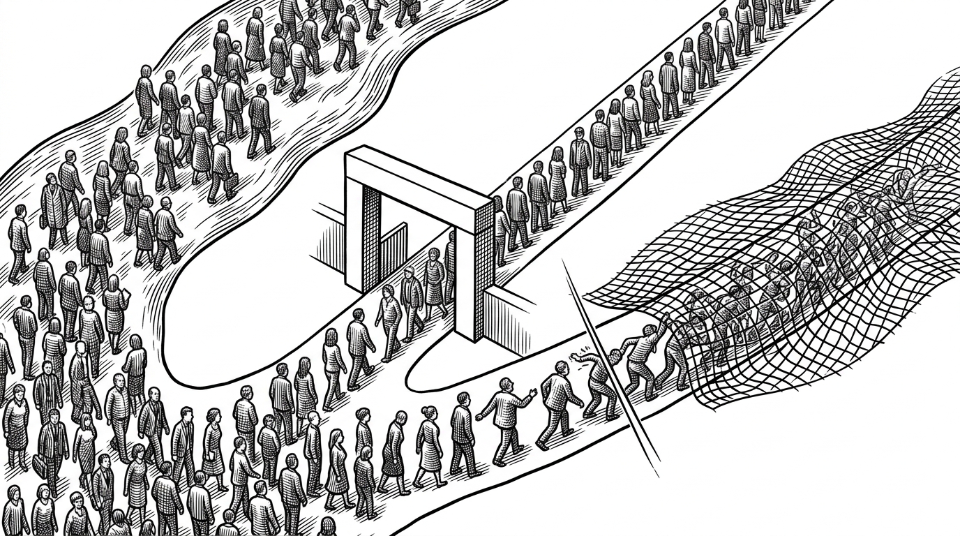 A close view of two routes branching from the same stream of public activity. One route moves through a known checkpoint and continues calmly. The other slips around the checkpoint and is intercepted by a scanning line, illustrating how stray repositories are treated as first-class security events.