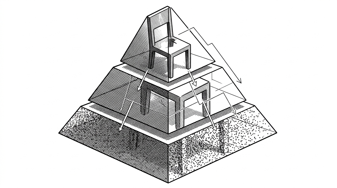 A stepped pyramid built from a chair-shaped point cloud, with dense dots at the base and sparser geometric layers above. A masked gap sits near the top while thin arrows flow downward through the levels, showing how coarse structure guides fine reconstruction. The scene explains that Point-M2AE learns 3D shape as a hierarchy, not a flat sequence.