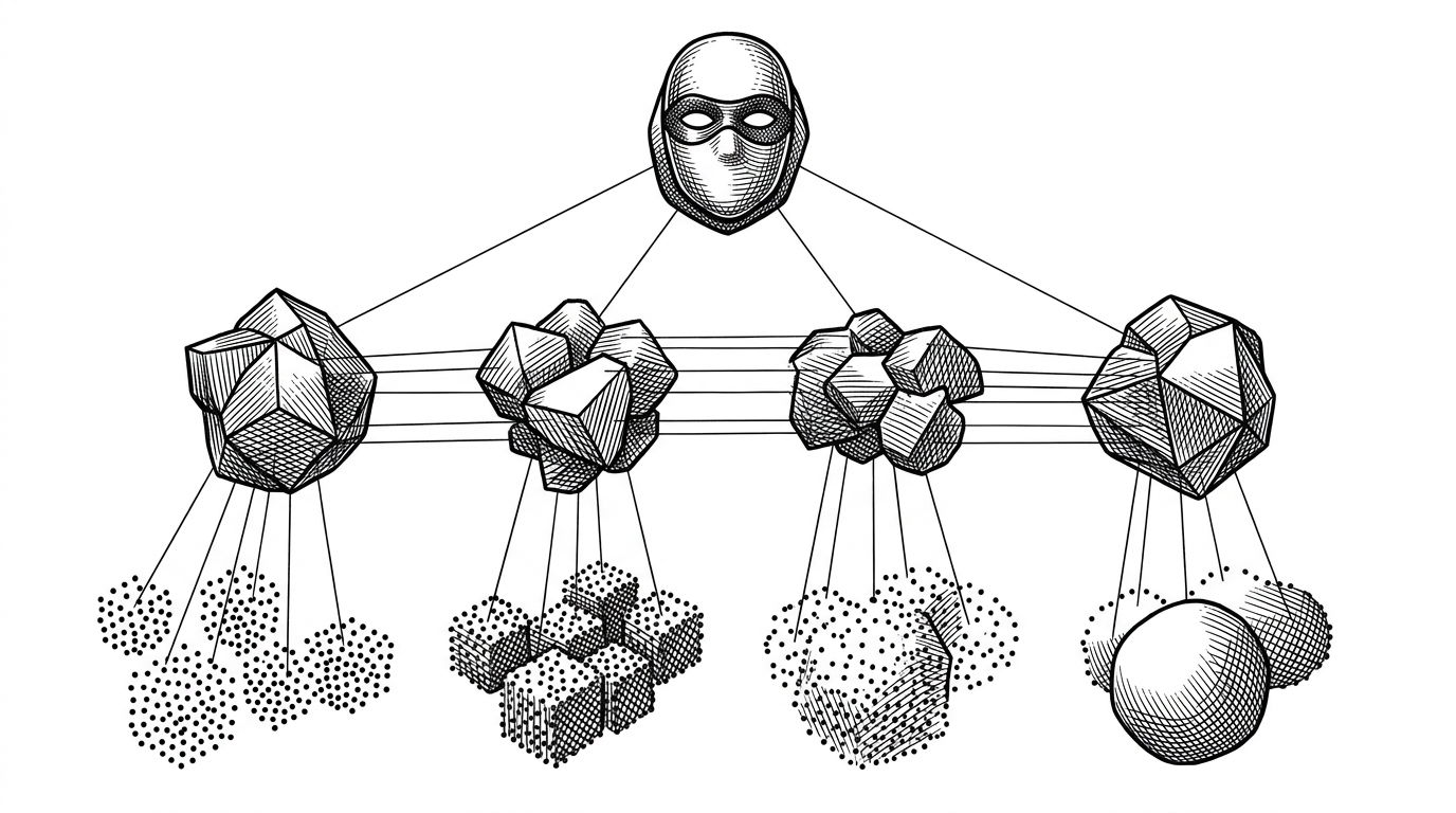 A close-up of one masked coarse node splitting into aligned child clusters beneath it. Branching lines connect the top node to mid-level and fine-level groups, while a cleaner reconstructed point cloud emerges below. The image explains how one mask can propagate across scales and drive structured reconstruction.