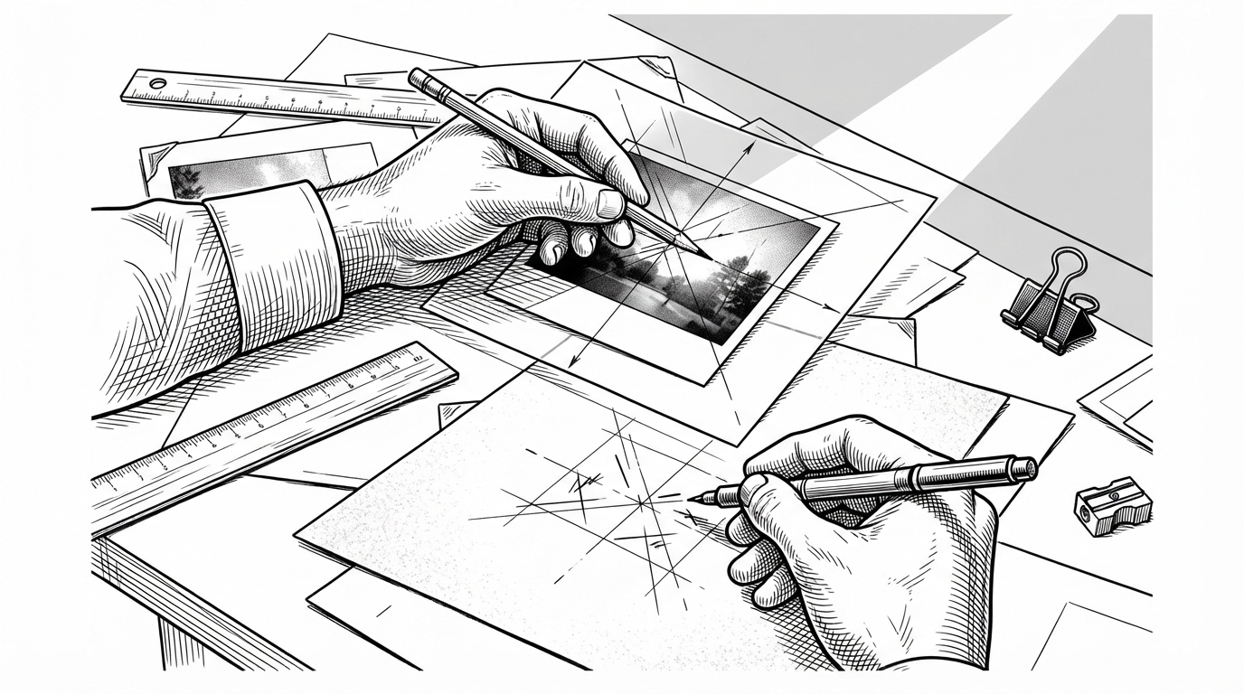 A close-up editorial desk scene where hands trace a photo’s axes and negative space onto an overlay grid. The lower workspace turns those traced facts into restrained marks, showing how structure is translated before abstraction is drawn.