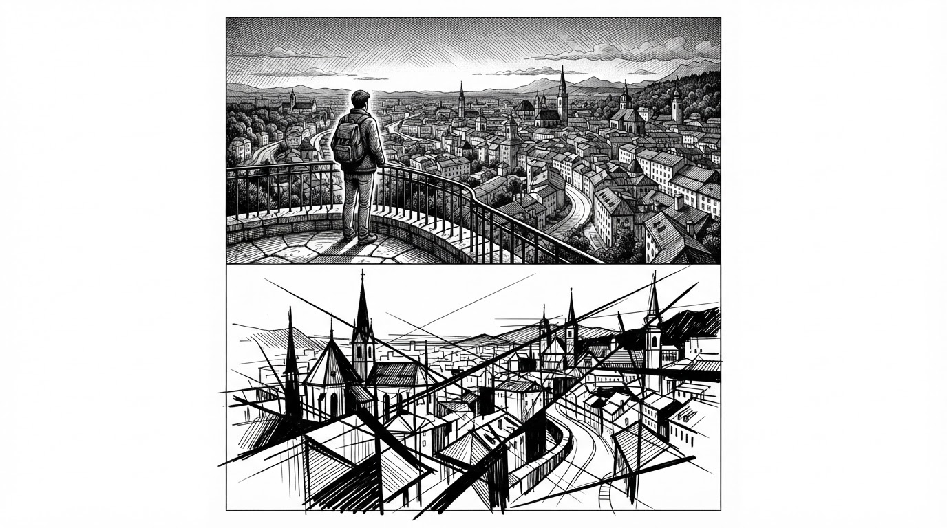 A vertical diptych showing a realistic photo above and a restrained abstract memory panel below. The top image stays legible, while the lower panel compresses the photo into lines, axes, and blocks that echo its structure rather than copying its subject matter.