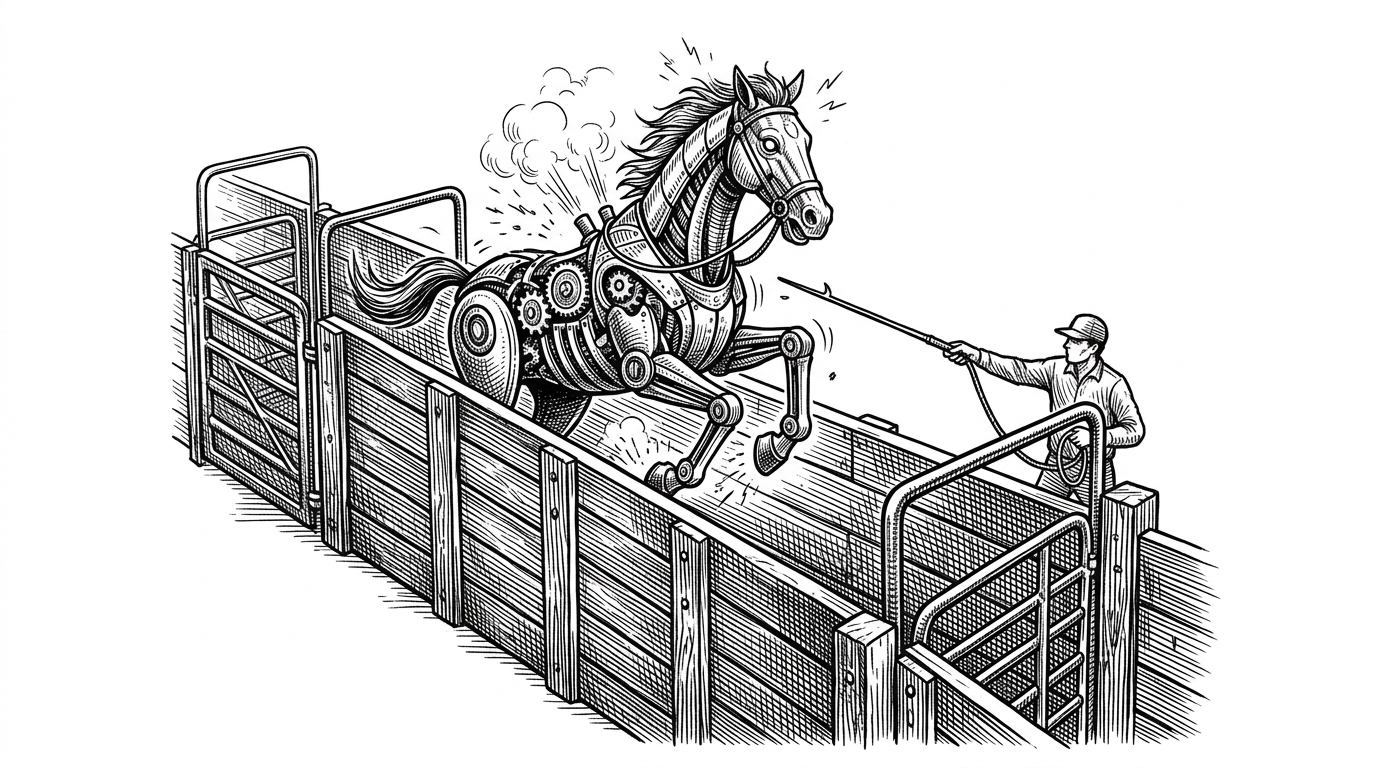 A wild mechanical horse being directed into a narrow, sturdy livestock chute made of heavy wooden planks and iron gates. This represents the Babysitter workflow constraining chaotic LLM behavior.