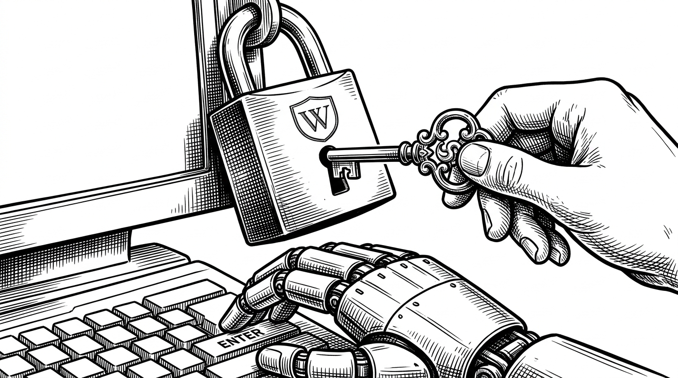A close-up of a large heavy padlock attached to a physical terminal screen. A robotic hand is resting on the terminal keyboard waiting. A human hand is inserting an intricate old-fashioned key into the padlock to release it.
