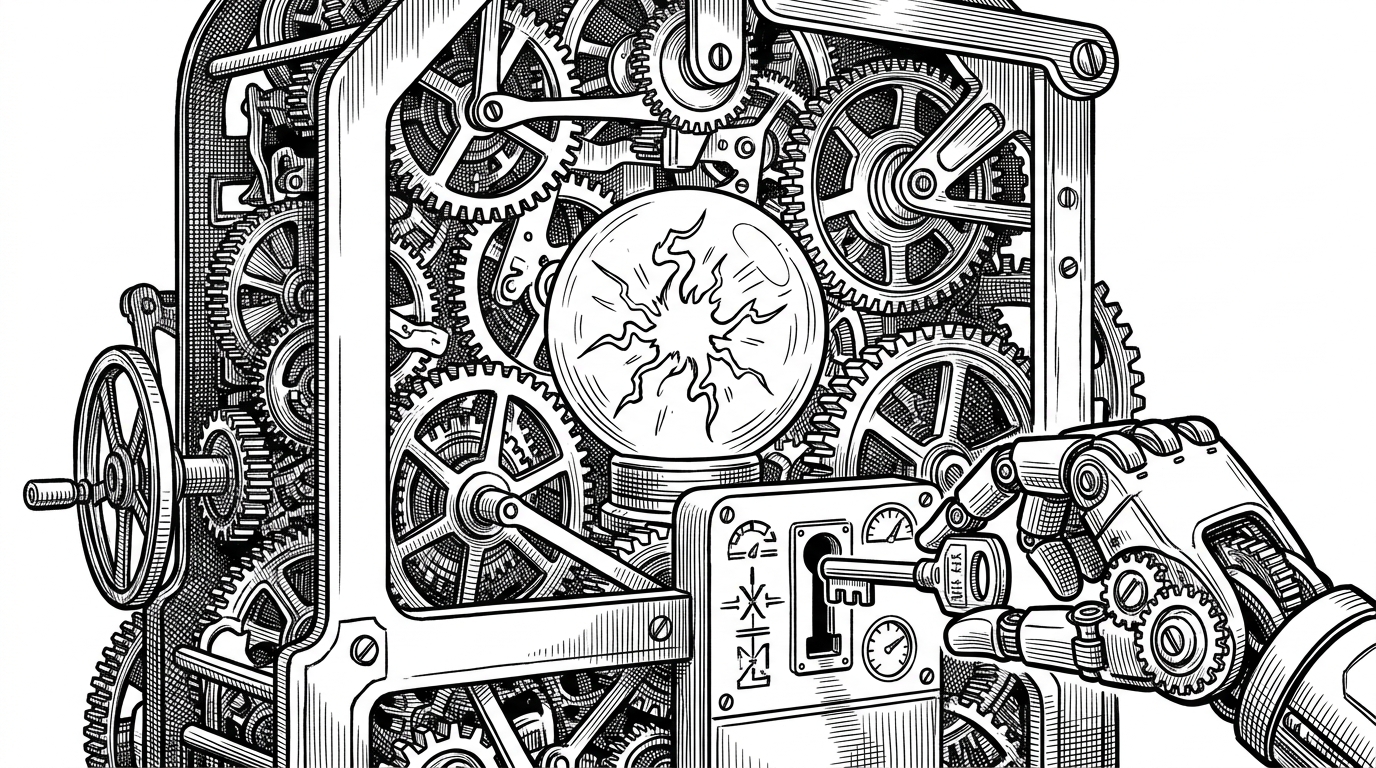 A large, intricate clockwork machine with a glowing, organic spark trapped inside a glass sphere at the center. The spark tries to move freely, but the gears only turn when a physical 'Verification Key' is inserted.