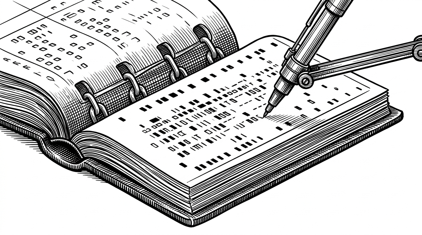 A close-up of a hand-drawn ledger where each page is a punch-card. A mechanical pen is mid-stroke, recording a 'Decision Event.' Previous pages are chained together by literal iron links.