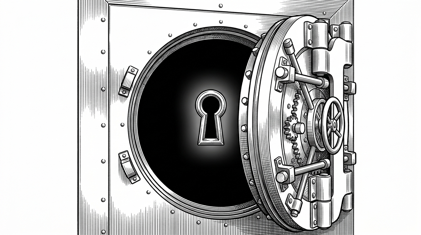 A massive bank vault door left completely open, but the open doorway is blocked by a single, perfectly cut skeleton keyhole. This metaphor illustrates the security tradeoff of skipping local permissions but enforcing strict network access.