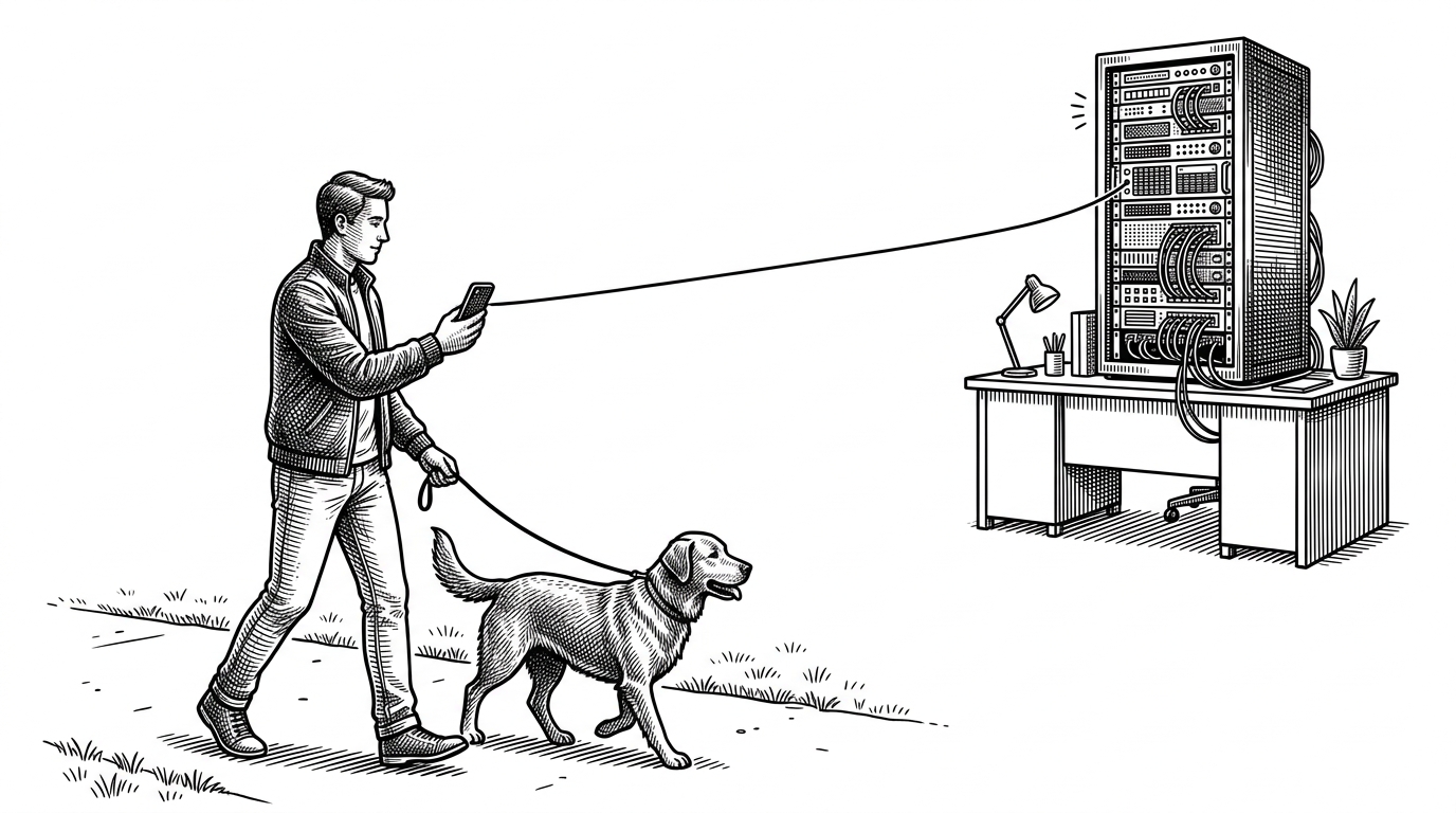 A person walking a dog while holding a smartphone, connected by a single taut thread to a complex server rack on a distant desk. This illustrates the decoupling of the developer from their physical workstation.