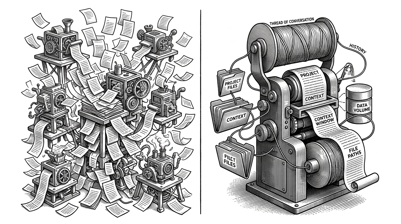 A split composition shows a messy left side where every message spawns a new paper process, while the right side shows one anchored machine holding the thread of conversation together. The contrast explains why persistence beats restart-heavy chat wrappers.
