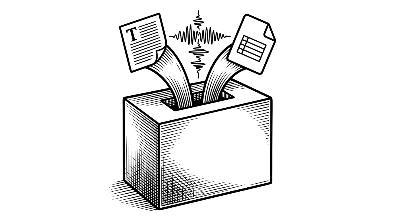 A close-up of one session box receiving three different inputs, a text tile, a waveform, and a file icon. The illustration explains that voice, files, and typed instructions all converge on the same persistent Claude Code process.