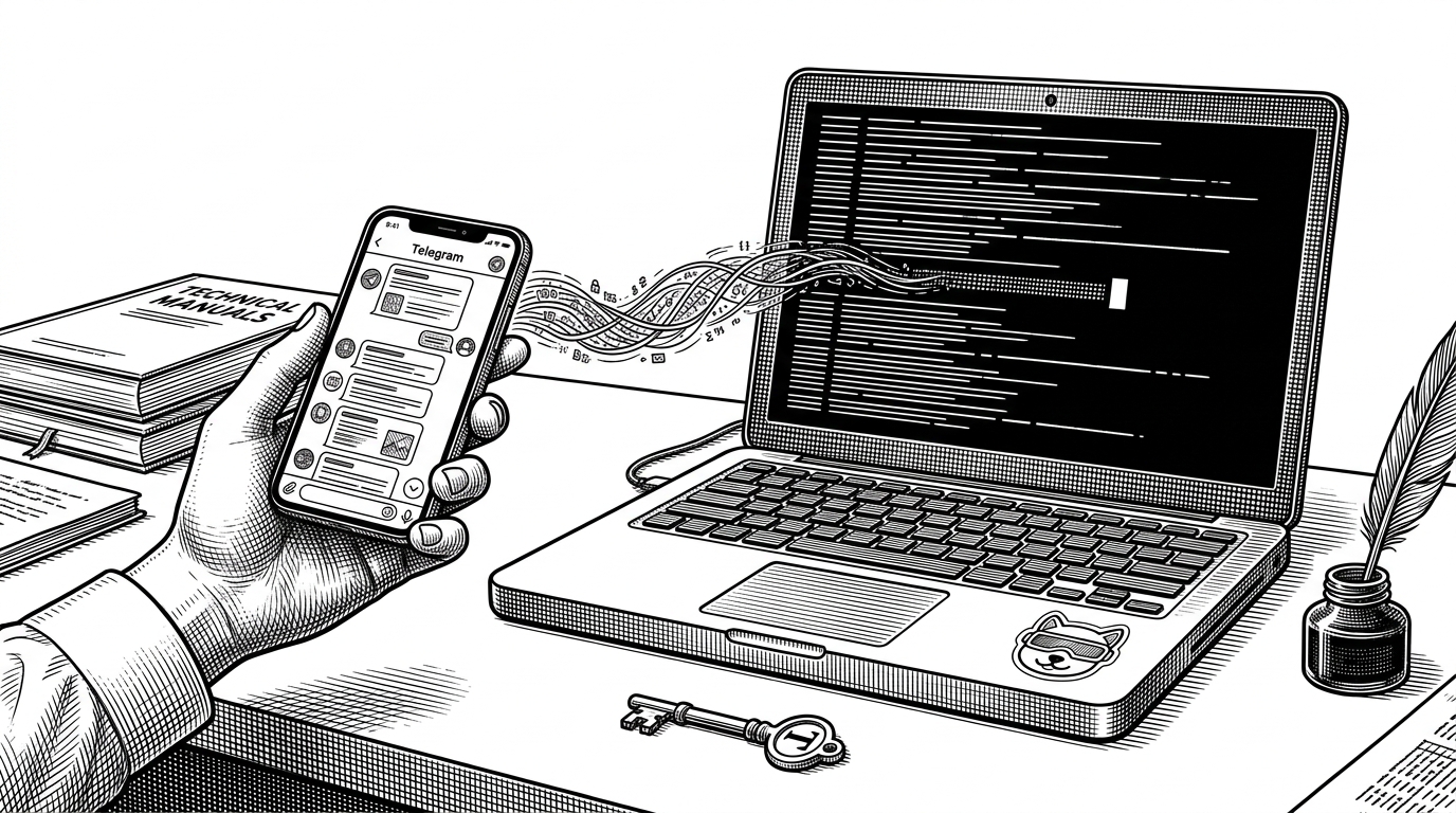 A hand holds a phone with a Telegram interface in the foreground while a thin thread of messages reaches a laptop terminal on a desk. The image explains that the phone is not where the agent lives. It is the transport layer for a live Claude Code session.
