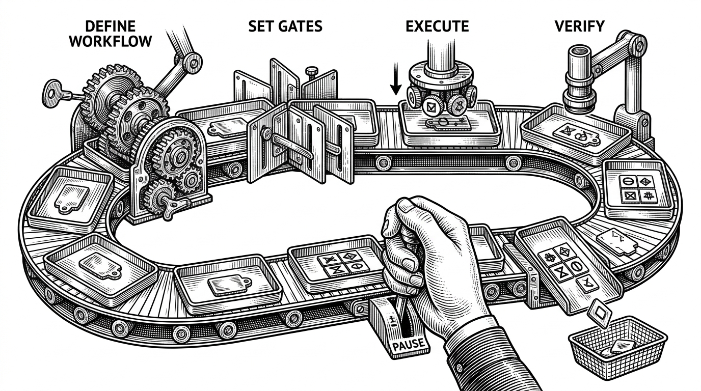 A close-up conveyor loop shows repeated work passing through four stations: define workflow, set gates, execute, and verify. A human hand holds a pause lever beside the loop, and the final station emits a completed token only when all marks align, explaining resumable and gated execution.
