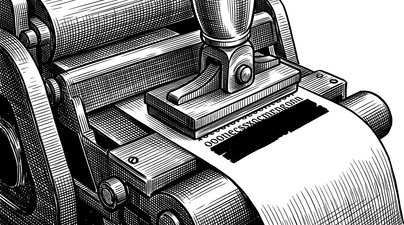 A close-up of a heavy industrial printing press where an iron stamp aggressively presses down on a moving ribbon of paper, leaving a solid black redaction block. It represents the excessive regex scrubbing.