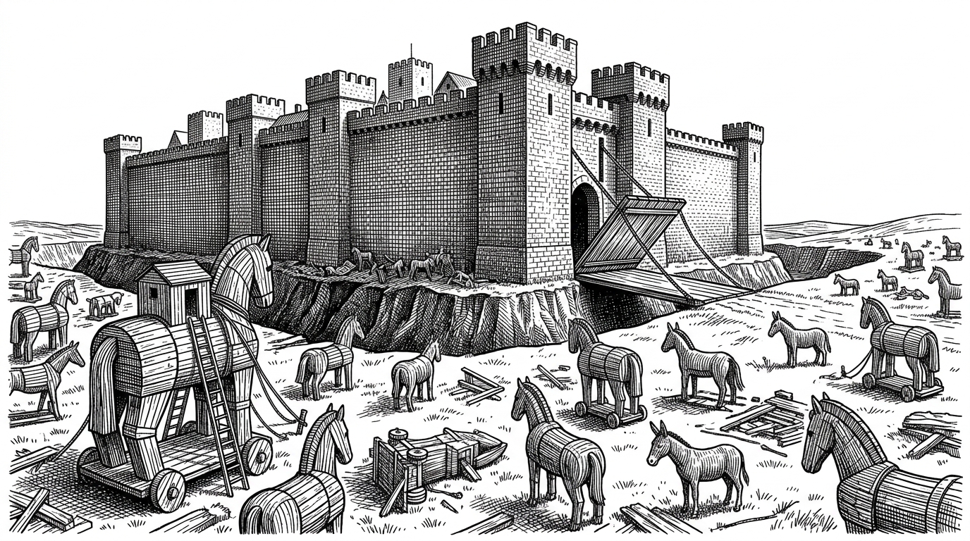 A high-walled medieval fortress with a single, heavily guarded drawbridge. The surrounding fields are littered with abandoned wooden Trojan horses. It visualizes the zero-dependency security philosophy.