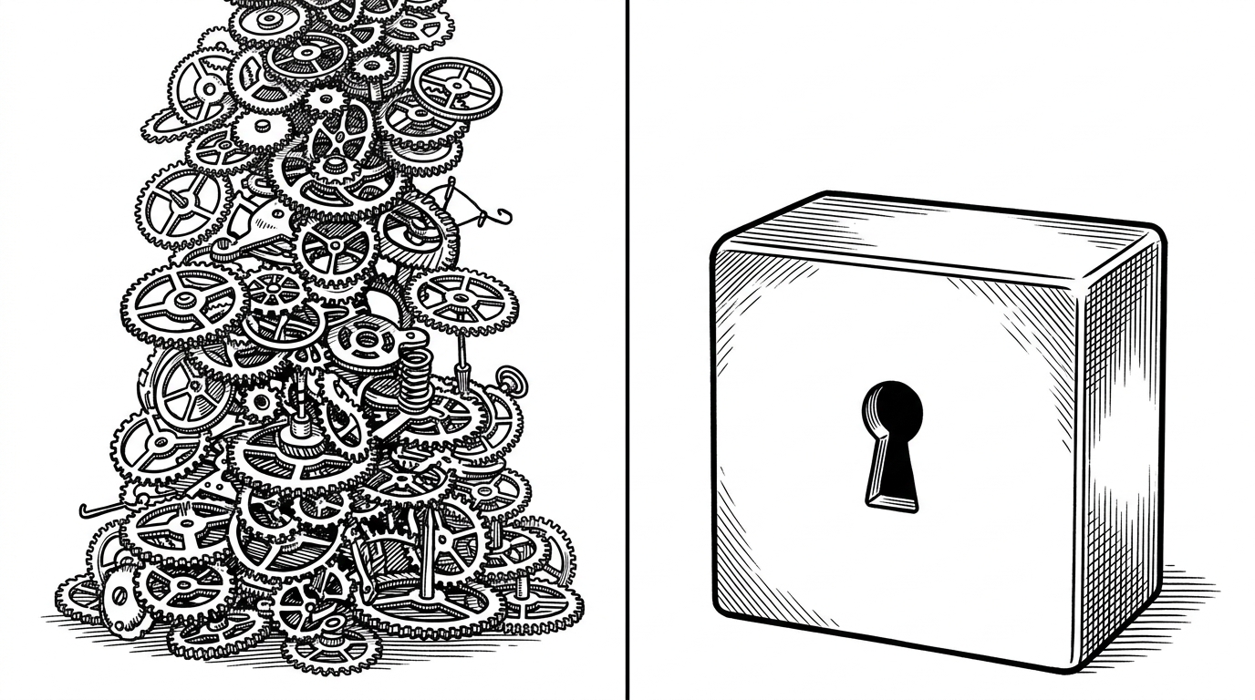 A visual comparison. The left side shows a precarious stack of hundreds of interconnected pocket-watch gears. The right side shows a single, solid block of carved steel with a keyhole. It contrasts standard npm dependencies with native Node.js.