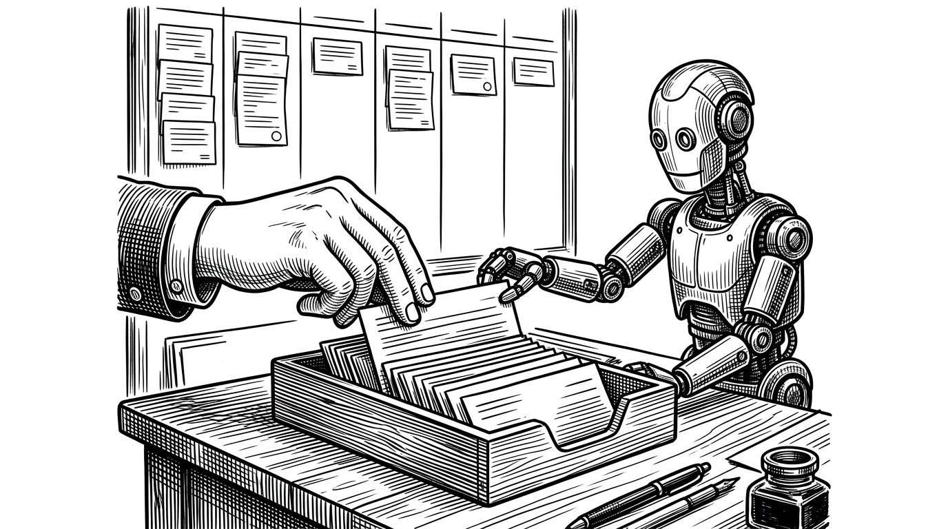 A human hand and a small mechanical assistant both place slips into the same repository tray while a board in the background updates cleanly. It explains the repo's agent-friendly design, where human and AI work through the same operation log.