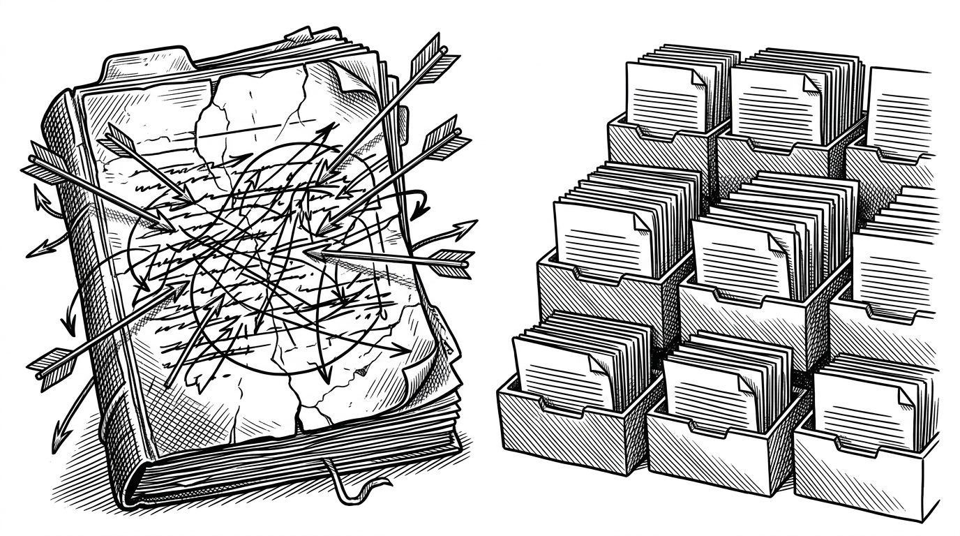 A split scene shows a giant shared board file on the left, with cracks and tangled lines, and many small op files on the right, each neatly separated. It explains why append-only writes reduce merge conflicts compared with one mutable board document.