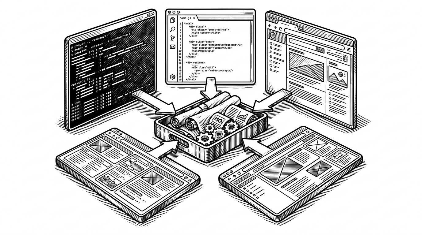 Three different views, a terminal, a code editor, and a browser board, are arranged around one central repository tray. It shows that the surfaces are different, but the command layer and history are the same.