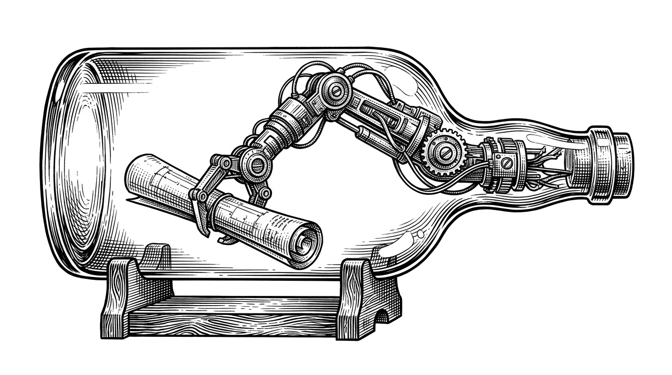 A classic glass ship in a bottle, but the bottle is entirely empty except for a complex robotic arm holding a blueprint. This represents the hollow seed repository waiting for agents to build the application.