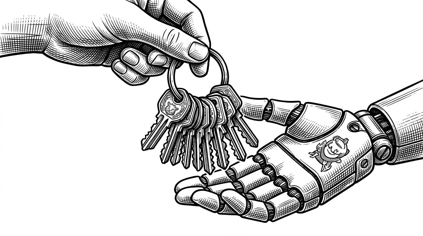 A close-up of a human hand dropping a heavy, ornate metal keyring holding dozens of distinct keys into the open palm of a mechanical robotic hand. This represents the massive handover of infrastructure secrets to the autonomous agent.