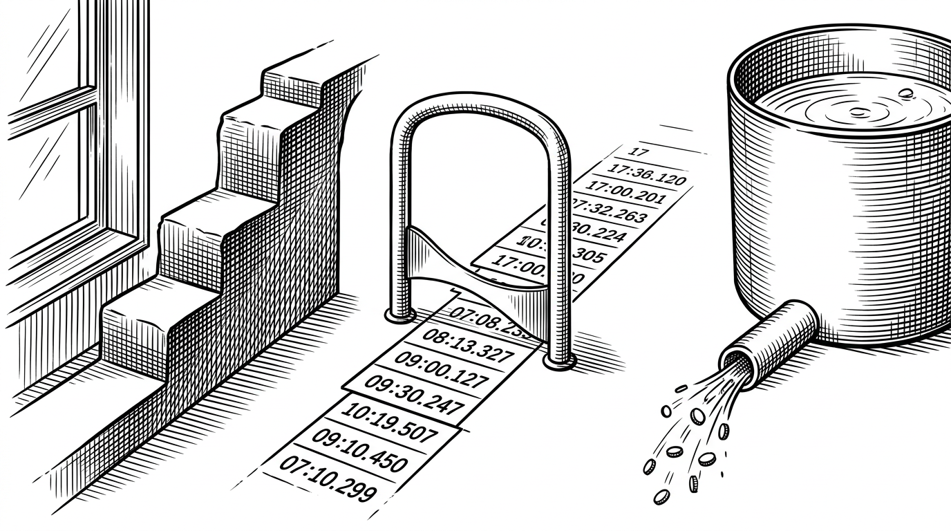 A close-up visual split shows three rate limiting behaviors in motion. On one side, a cliff-like counter jumps at a window boundary. In the middle, a smooth gate trims a growing and shrinking line of timestamp markers. On the other side, a reservoir slowly refills and releases bursts of tokens. The scene explains the trade-off between precision, memory use, and burst handling.