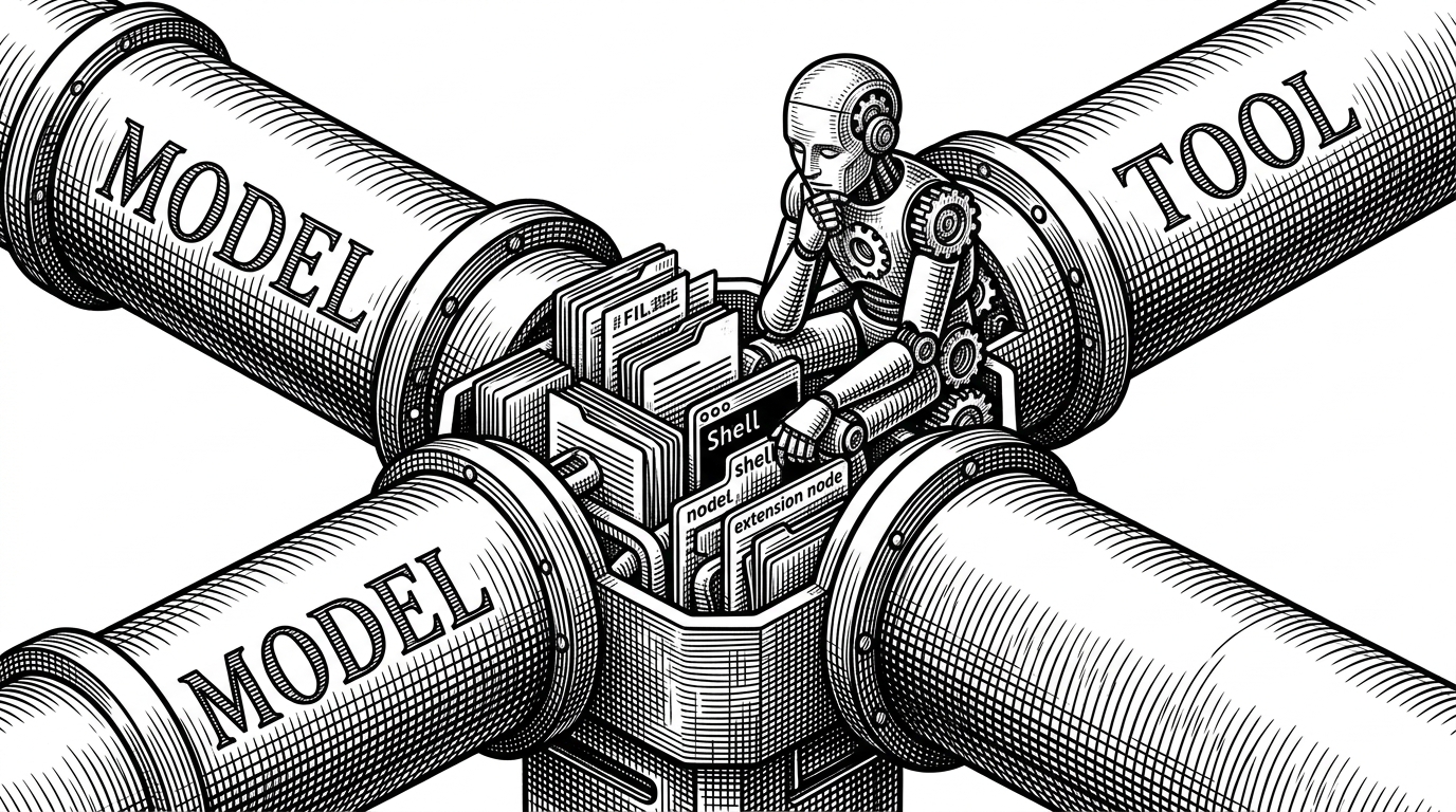 A close-up of two pipes feeding into one central workspace. One pipe represents model providers, the other represents external tools and extensions. They meet at a single control node where files, terminal commands, and extension parts are interlocked, showing Goose as the junction rather than the destination.