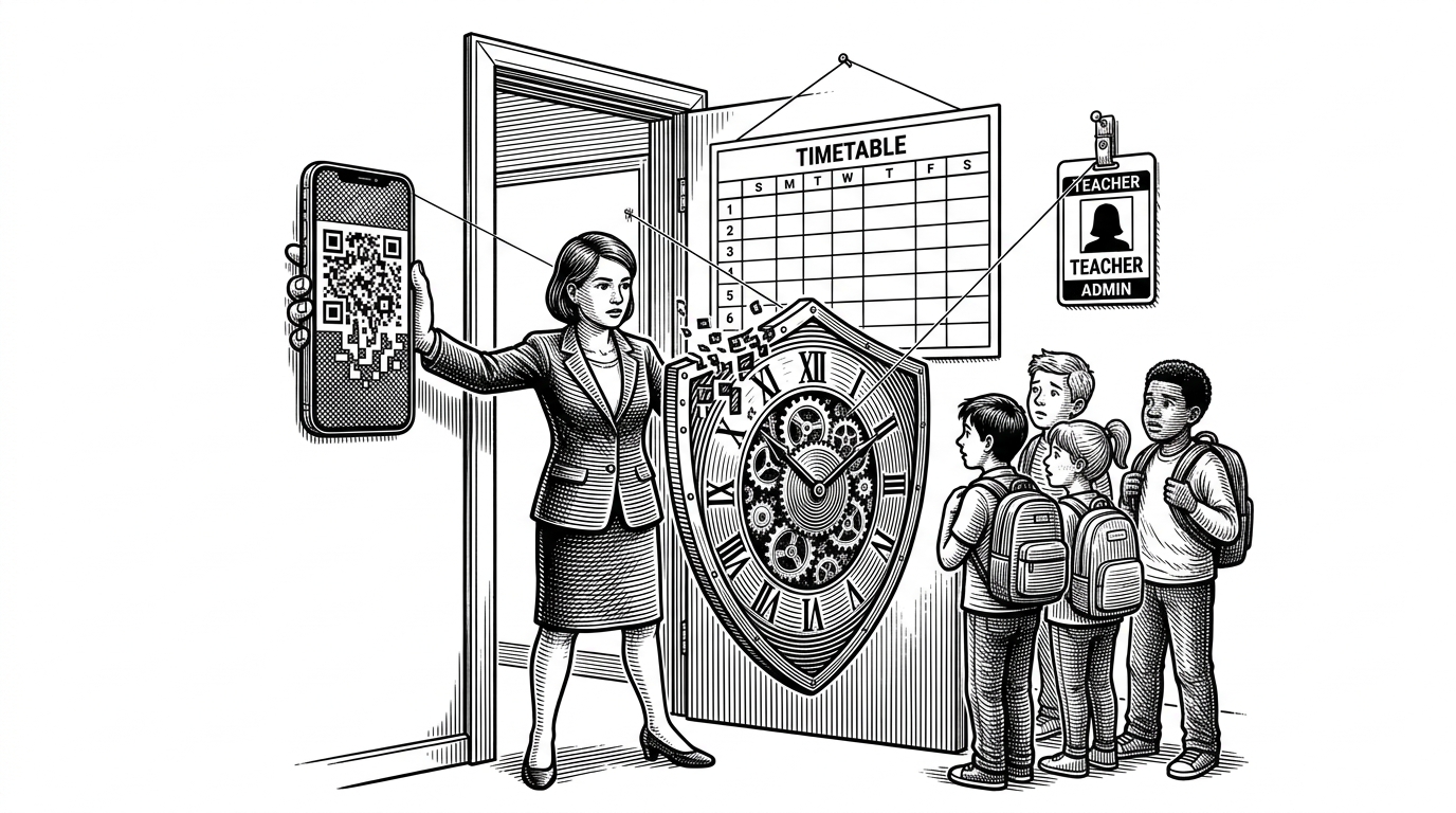 A classroom doorway scene where a teacher holds up a phone with a QR code that dissolves into a clock-like shield. Students wait at the threshold while a thin thread connects the QR to a timetable grid and a teacher badge. The image explains that attendance is enforced by time, identity, and context, not by trust alone.