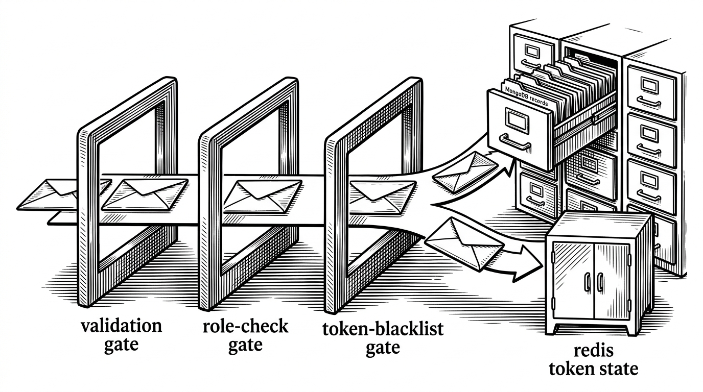 A close-up postal-system metaphor where a request envelope passes through three gates labeled by their function through visual cues only: validation, role check, and token blacklist check. On the far side, the envelope splits toward a database stack and a memory cache stack. The image explains how requests are filtered before they reach persistence.
