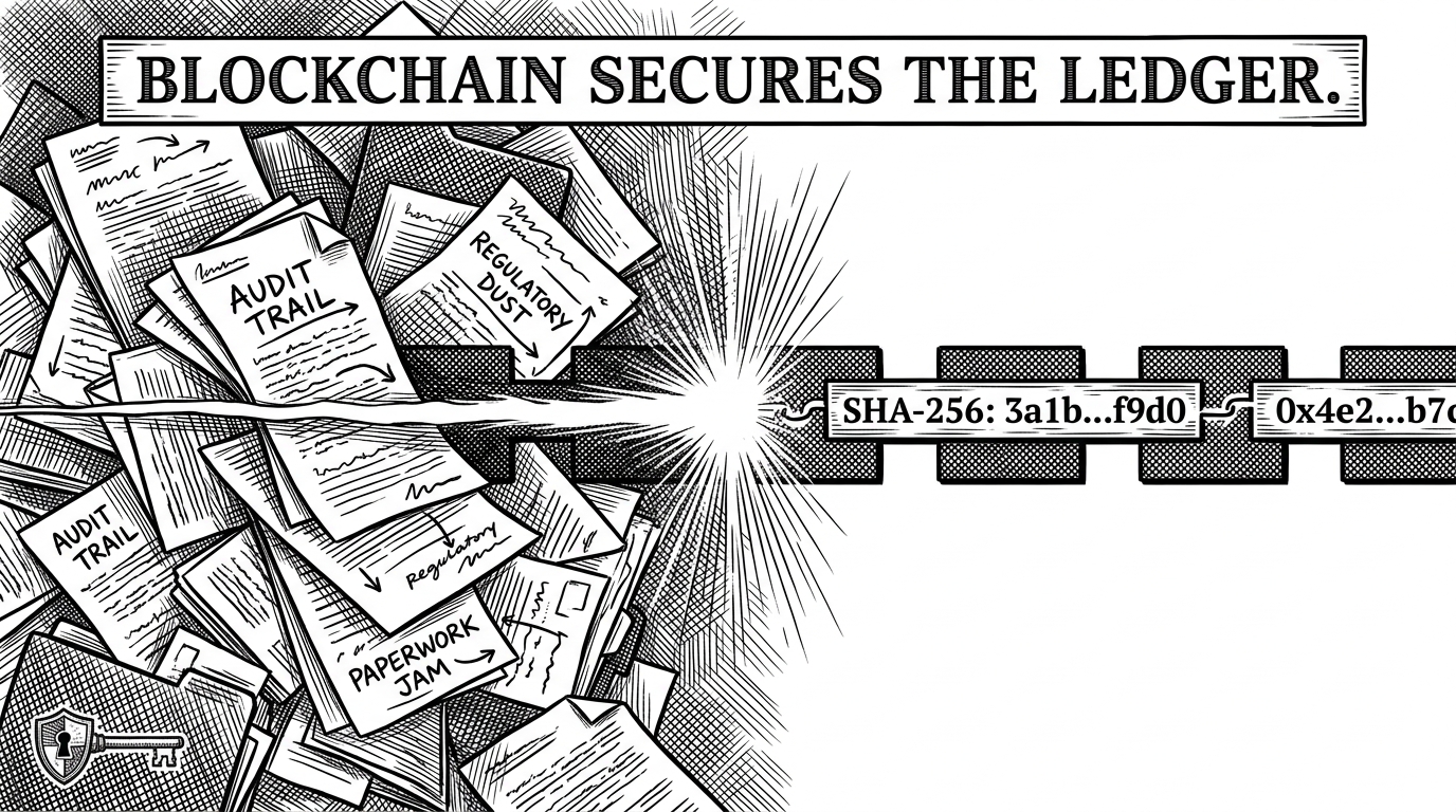 A thin line separating chaotic paperwork from clean cryptographic code, representing evidence hashing.