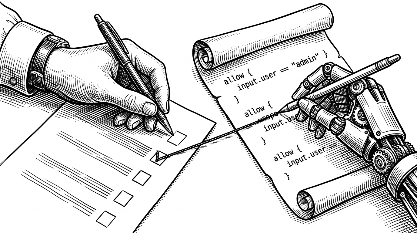 A human hand holding a checklist beside a mechanical hand writing a Rego policy on a scroll.