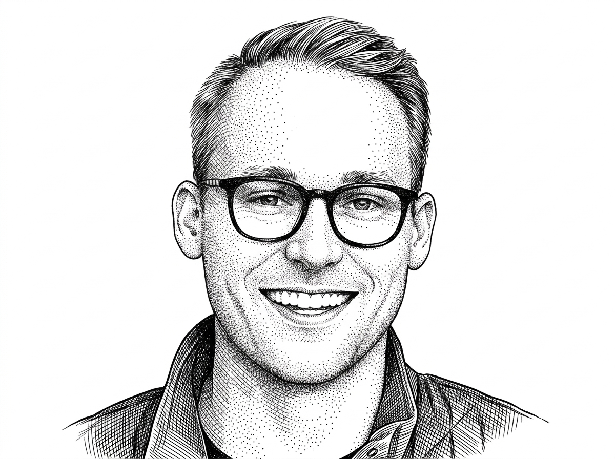 Hedcut-style portrait of Aaron Francis based on his GitHub avatar, rendered in black ink on white. It introduces the builder behind the repo and signals that this article is about a practical engineering choice, not a faceless framework.