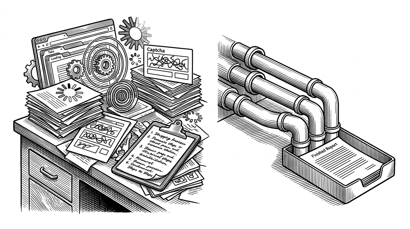 A split illustration shows one side drowning in tabs, loading spinners, and browser automation clutter, while the other side uses a compact API pipeline to produce a clean report. It clarifies the cost difference between browser-heavy agents and an API-first research funnel.