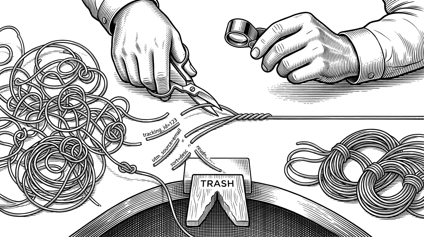A close-up illustration of several nearly identical URL strings being trimmed down to one canonical address. The image explains how the repo avoids duplicate fetches and keeps the source list clean.