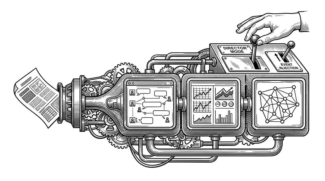 A document feeds into a large mechanical system that splits into three linked chambers: a social feed, a prediction market board, and a graph of connected nodes. A human hand hovers over a control lever marked as the intervention point. The image explains that MiroShark turns one scenario into a coupled simulation of discourse, stakes, and structure.