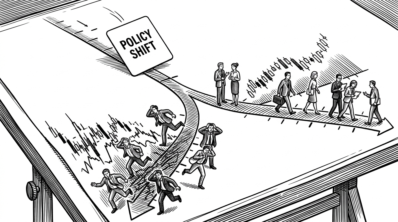 A close-up timeline drawn across a drafting table splits into two branches after a new event card is dropped onto it. Small agent figures and market ticks react differently on each path. One branch tightens into panic while the other stabilizes, showing how a single intervention can redirect collective behavior.