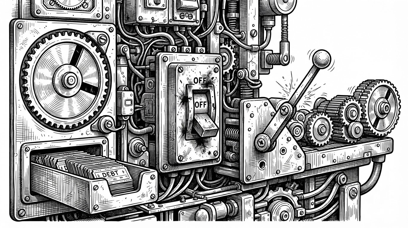 A close-up mechanical control panel shows a skipped cron slot, a growing debt tray, a breaker switch that has flipped open, and a small probe lever testing the system before the line resumes. The scene explains how Aeon handles missed schedules and repeated failures without a human in the loop.
