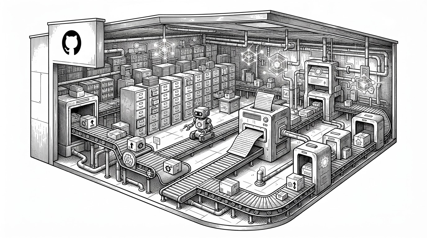 A wide editorial scene showing a GitHub repository as an operating plant. Conveyor belts represent GitHub Actions, filing cabinets represent Issues, and a small Markdown skill file is fed into the machine like a control card. The image explains Aeon's core idea: the repo itself becomes the runtime and control plane for unattended agents.