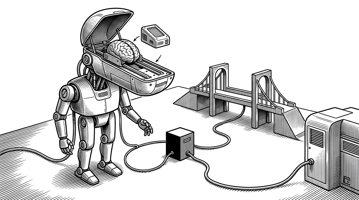 A mechanical coding assistant is shown as a complete body with its head opened like a service panel. A removable brain module sits on rails in the skull while a small proxy box splits one cable toward an Anthropic bridge and another toward an alternate model backend, making the tool's body-versus-brain idea visually obvious.