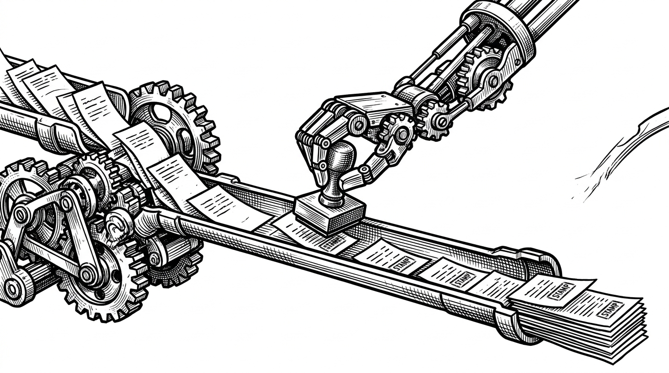 A narrow pipe carries a stream of message slips from left to right. Some arrive missing usage stamps, while a proxy hand stamps each one before it reaches a waiting parser gear on the far side. The right side flows cleanly, showing how stream repair prevents the downstream client from seizing up.
