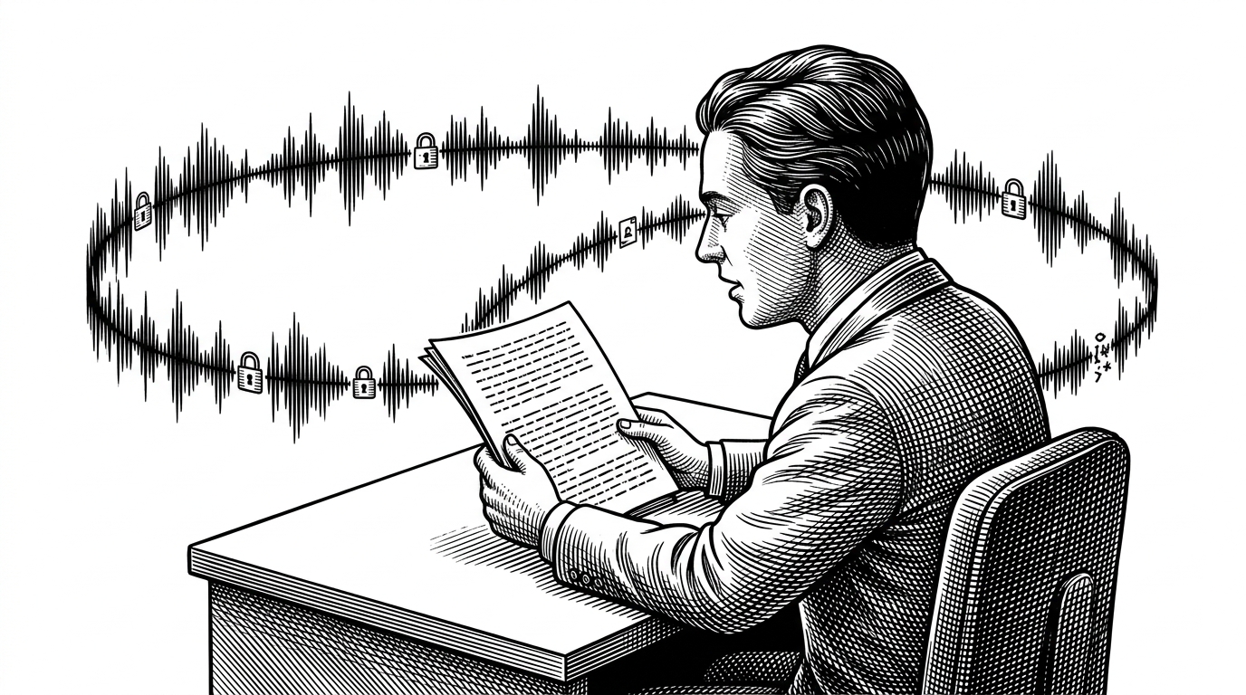 A person reads from a printed script while a waveform snakes across the page, with tiny locked shapes tucked into the quiet gaps. The scene explains that the cover speech is not just packaging, it creates the hiding space itself.