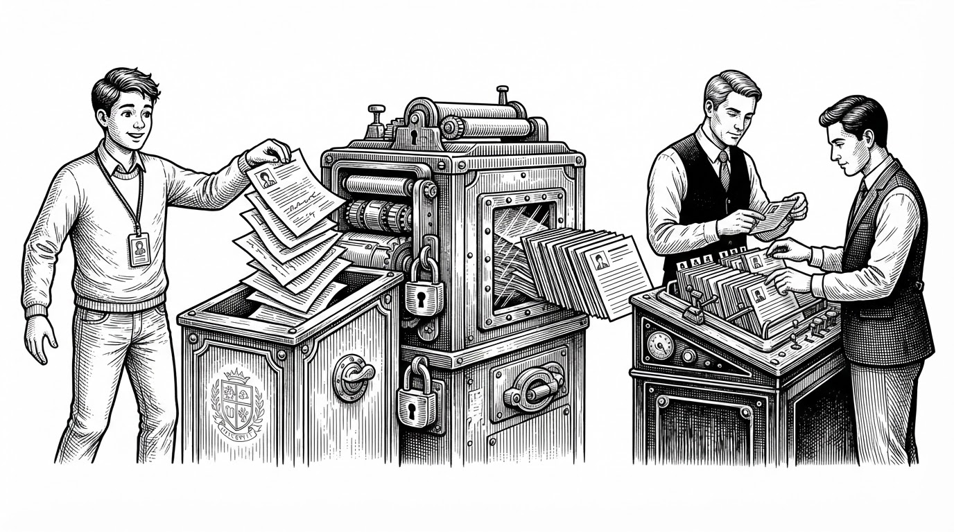 A split editorial scene shows students feeding resumes into a locked intake system on one side and recruiters searching through structured candidate cards on the other. The composition explains that the project is not a static resume archive but a controlled recruiting marketplace with transformation in the middle.