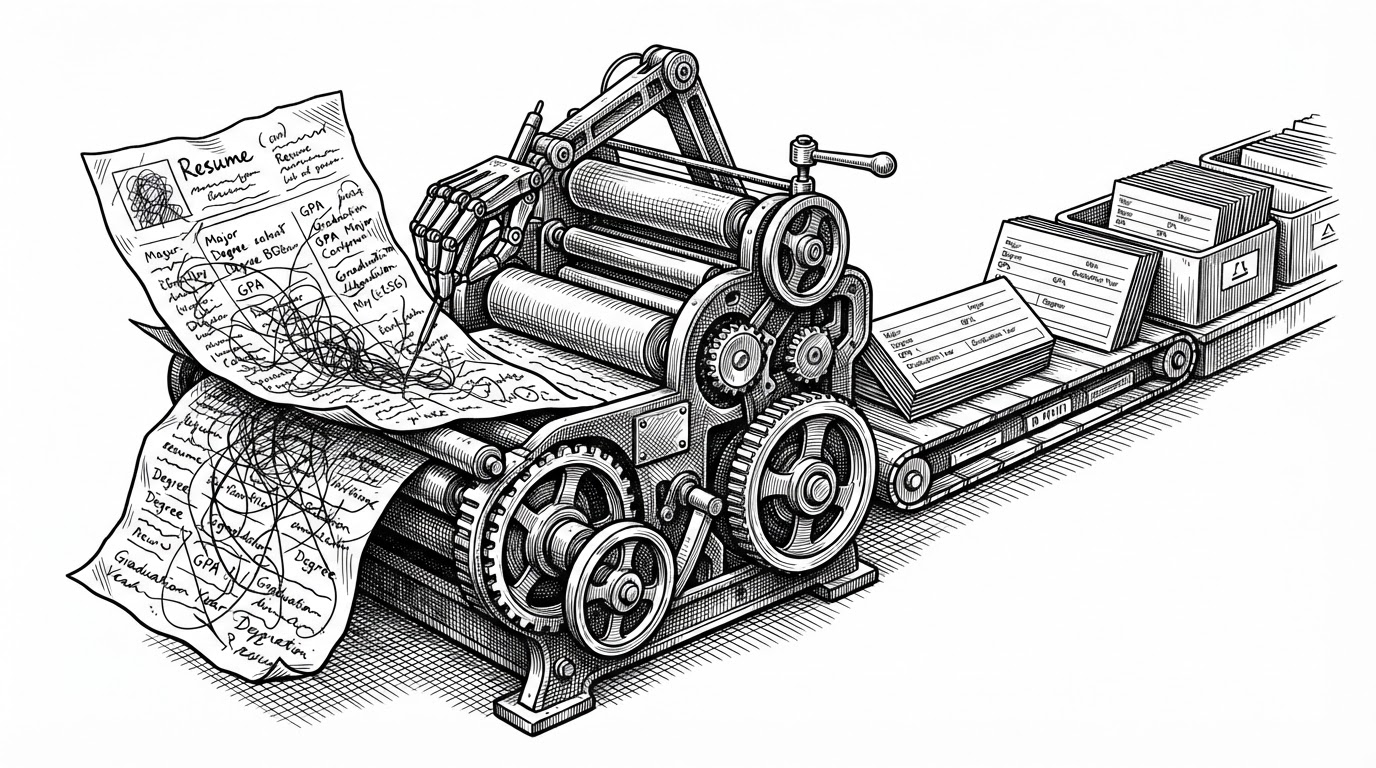 A close-up mechanical scene shows a resume page being pressed through a schema machine. On the left, text fragments and degree abbreviations are chaotic. On the right, neat record cards emerge for major, degree, GPA, and graduation year. The image explains how the system converts a document into structured data that can be queried reliably.