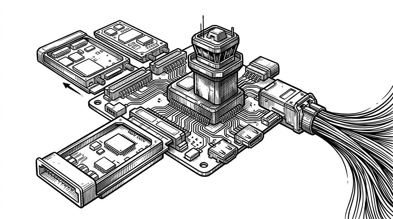 A modular radio backplane with a central processing hub, swappable RF modules on one side, and a fiber link leaving through an optical cage on the other. The image explains that this board is a host for radios, not a single fixed transceiver.