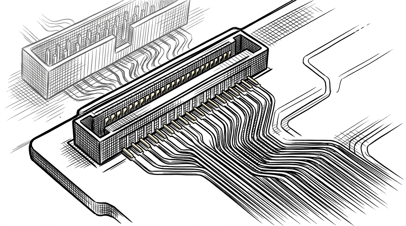 A close-up of a dense connector system with one module slot, differential pairs, and disciplined trace routing branching into high-speed and low-speed paths. The image explains why modularity is only believable when the interconnect is engineered like RF hardware, not like a generic header.